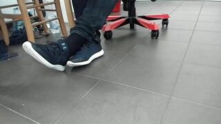 Boy Shoeplay with beach ball in Underneath Armor, Vans Slide Ons, Ebony Socks