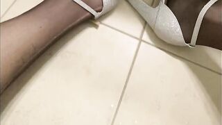Crossdresser Jerk Off and CUM compilation sissy in underware haunch high nylons and heels discharges cum from her large dong