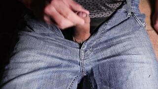 Spunk fountain on my garments leather boxers and jeans overspread by goo