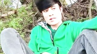 Risky masturbation outdoors a chap's voice caught this cute homo twink with his nuts hanging out, wanking his uncut foreskin, his butt aperture in nature's garb