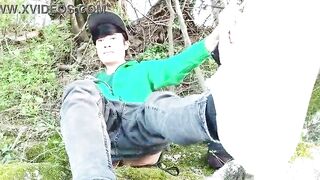 Risky masturbation outdoors a chap's voice caught this cute homo twink with his nuts hanging out, wanking his uncut foreskin, his butt aperture in nature's garb