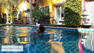 Nudist walks around the hotel and masturbates by the pool