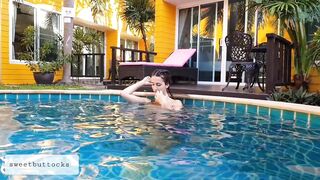 Nudist walks around the hotel and masturbates by the pool