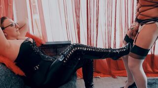 Merciless big beautiful woman Female-dom Destroys Stepson CBT Boots, Unfathomable Gagging, Anal Stretching, Sissification and Urinate Drinking!