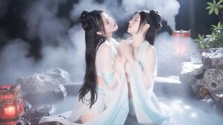 [AI-generated] 2 sisters live in a secluded fairyland, giving a kiss every other in a hawt spring and caressing every other in their boudoir.