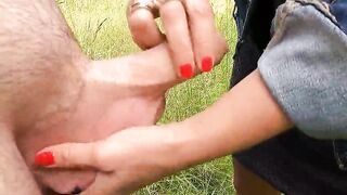 My stepmom jerks my dong in the fields