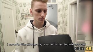 DEBT4k. Chap screwed wife letting debt collector drill her constricted holes