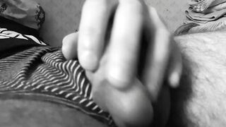 Hunk massages his cock. Large dick with saliva.