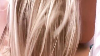 Golden-haired and Brunette hair Share Sex toy Play on Desk