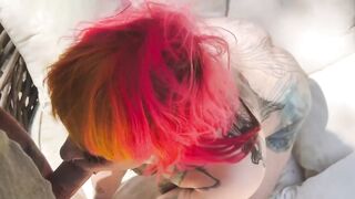 Gothsluts in full makeup sucks dick in garden and swallows biggest load