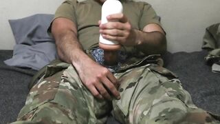 Soldier uses a fleshlight and creampies it