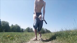 Barefoot stripped walk outdoor with cum!