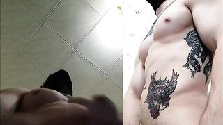 Athletic man masturbates. Large shlong is youthful. jizz. tattoo