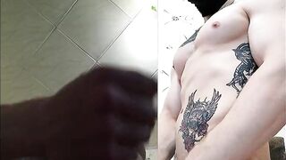 Athletic man masturbates. Large shlong is youthful. jizz. tattoo