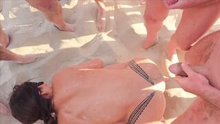 Sexy wife Amateur overspread in cum by strangers on Cap Agde beach