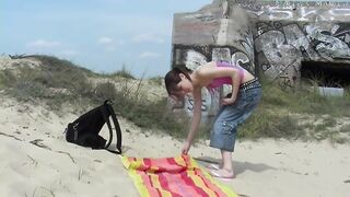 Cute eighteen Years Brunette hair Shows Curly Cunt at Beach
