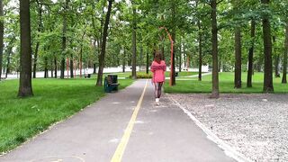 Sluty teen beauty walks in the park in a micro suit out of pants (upskirt, no pants, nylons)