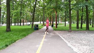 Sluty teen beauty walks in the park in a micro suit out of pants (upskirt, no pants, nylons)