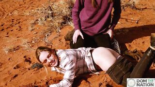 Tiny angel sucks on large-butt angel's booty in the outdoors